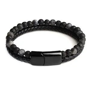 Bracelet Anti-Stress <br>Cuir, Obsidienne Noir et Pierre de Lave - Shop Antistress