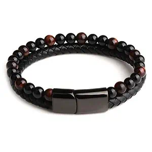 Bracelet Anti-Stress <br>Cuir, Obsidienne Noir et Oeil de Tigre Rouge - Shop Antistress