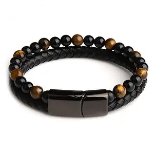 Bracelet Anti-Stress <br>Cuir, Obsidienne Noir et Oeil de Tigre - Shop Antistress