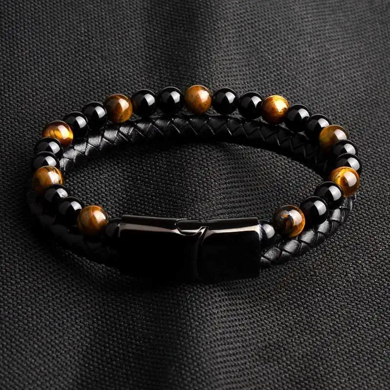 Bracelet Anti Stress Cuir, Obsidienne Noire Et Oeil De Tigre – Image 3