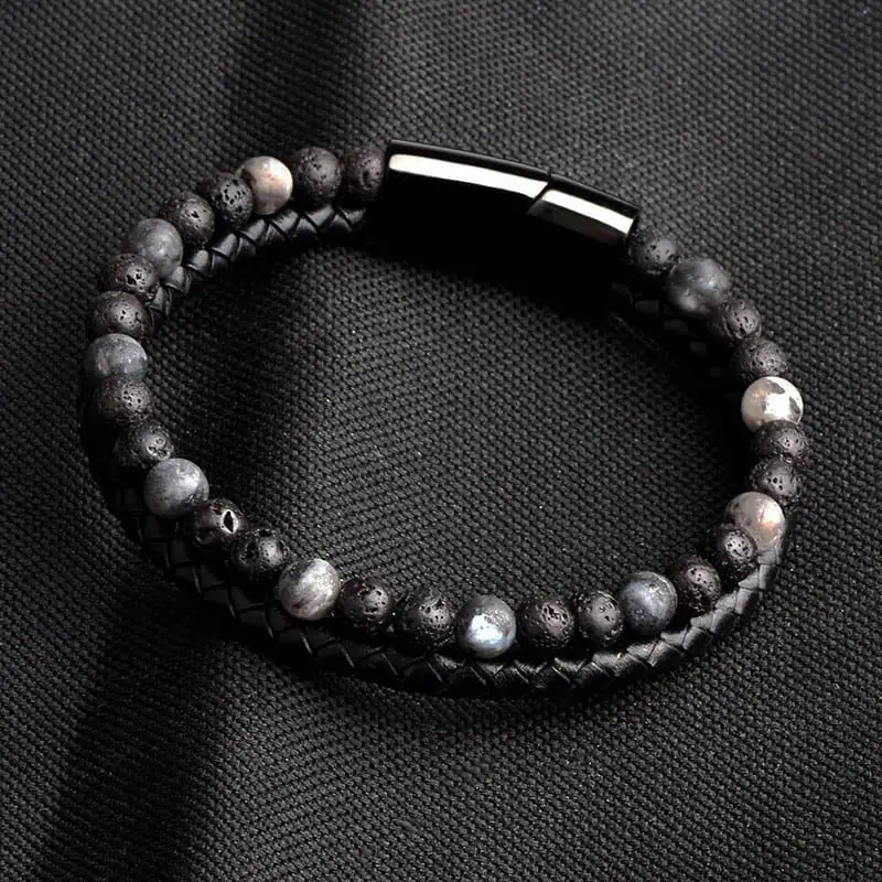 Anti Stress Bracelet Cuir, Obsidienne Noire Et Pierre De Lave – Image 3